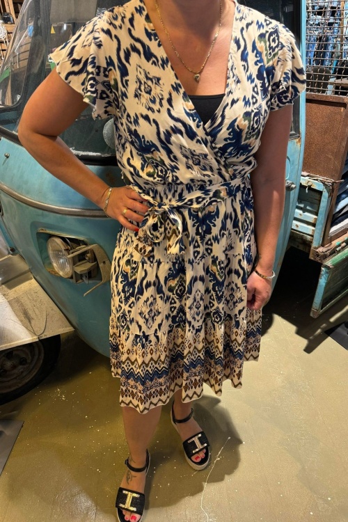 JURK PRINT - DONKERBLAUW/BEIGE
