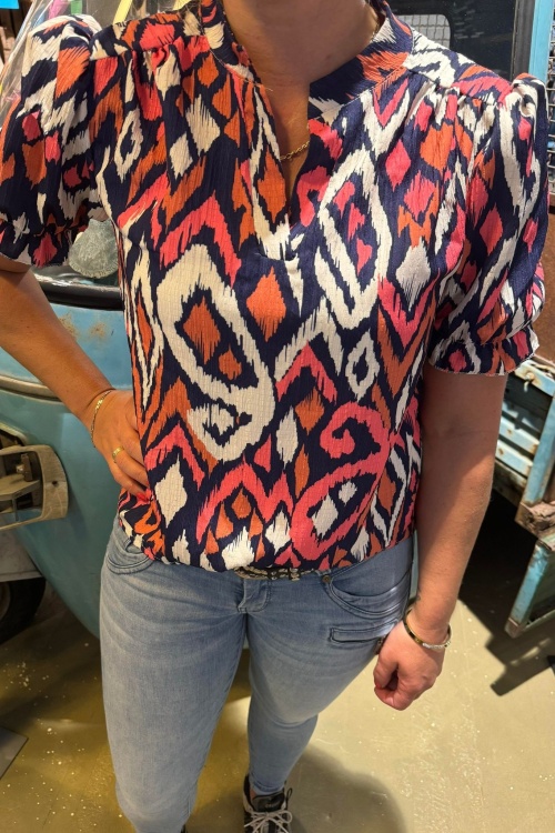 BLOUSE - DONKERBLAUW/ROZE