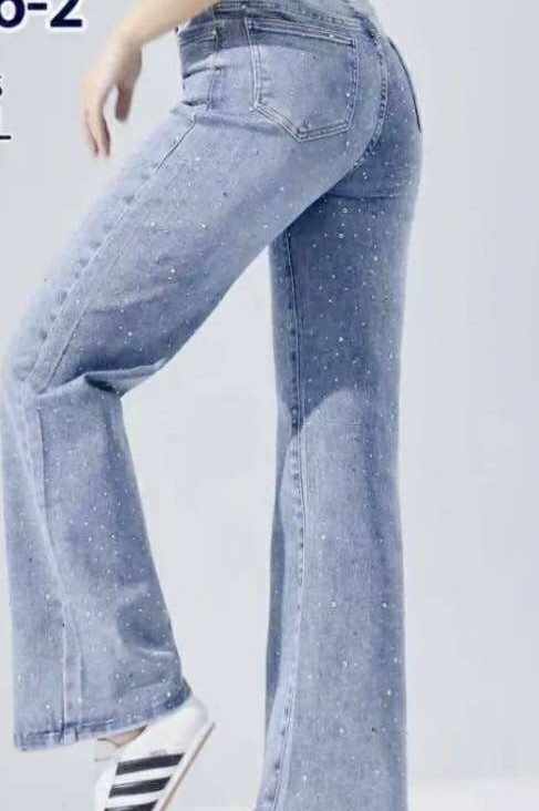 HM1526-2 - WIDELEG - STRASS - DENIM BLAUW